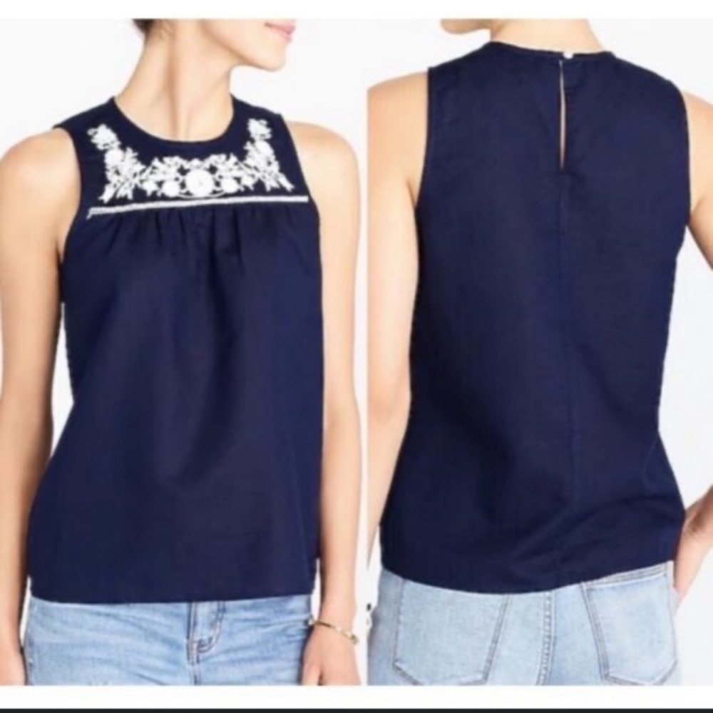 J.Crew Navy Embroidered Linen Blend Tank Top Sleeveless Size 14